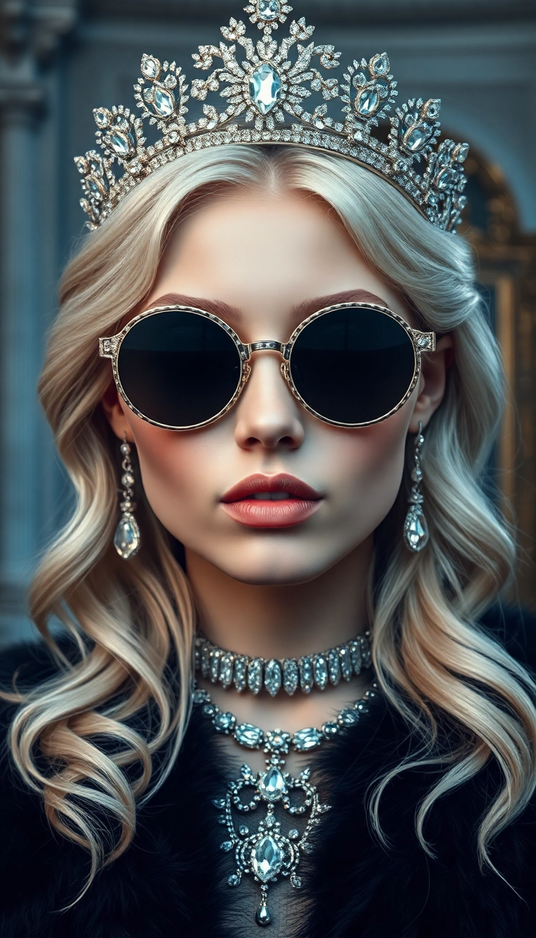 iPhone Refreshing AI Young Platinum Blonde Queen in Black Fur Photogenic Background Royalty-Free Image